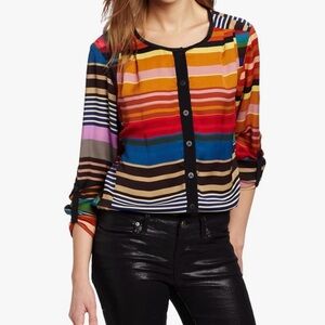 Trina Turk Kinder Striped Logo Preppy Quiet Luxury Feminine Office Blouse L